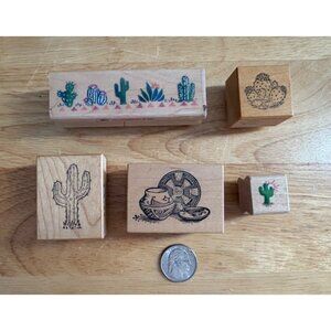 Lot of 5 Vintage Rubber Stamps with Wooden Mount Cactus Southwest Woven Basket